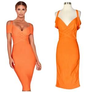 House of CB | Marianna Orange Bandage Cold Shoulder Sexy Cocktail Midi Dress M
